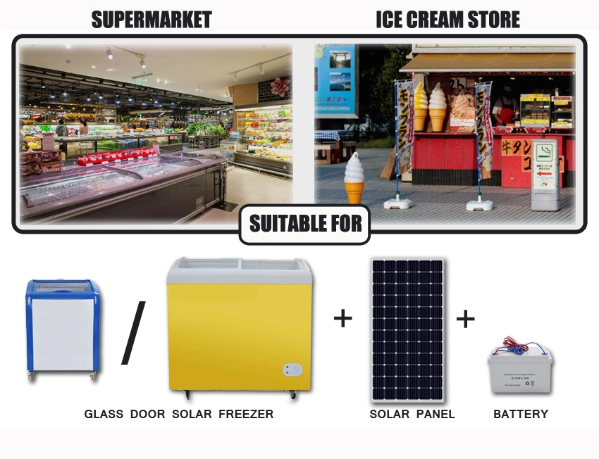12V 258L DC Solar Freezer Chest Ice Cream Freezers Top Glass Door